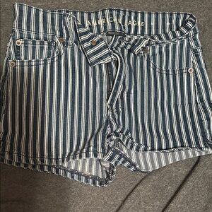 American Eagle Striped Denim Shorts - Blue and White
